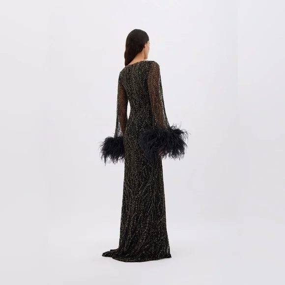 Rachel Gilbert Nowa Black Feather Embellished Maxi Beaded Gown AU2/US6 NWT